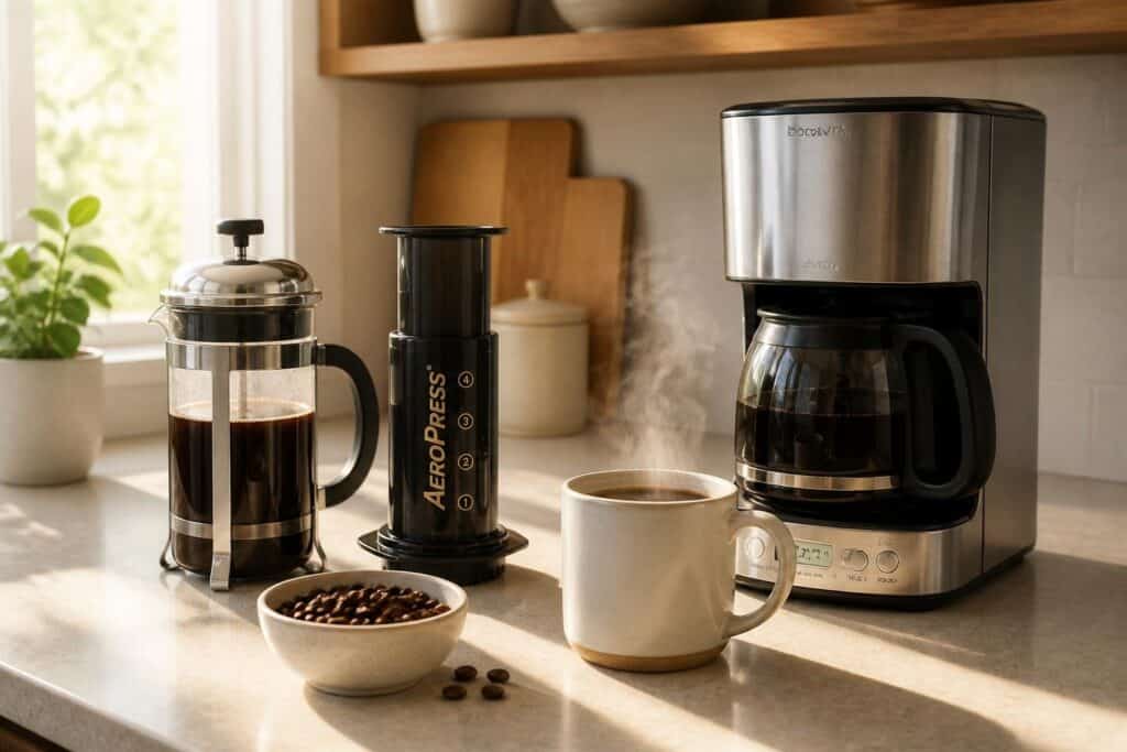Three different coffee brewing methods for beginners on a kitchen counter.