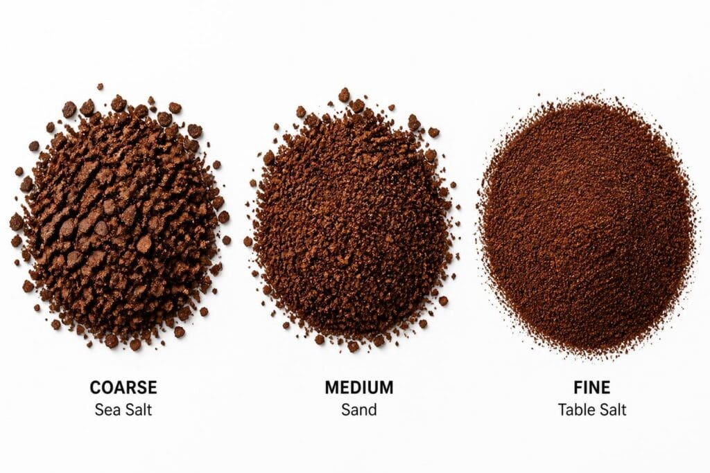 Comparison of coarse, medium, and fine coffee grind sizes.