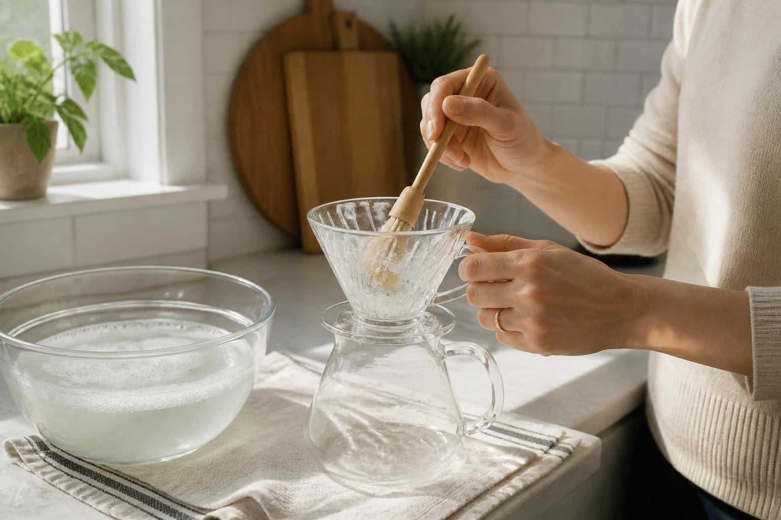 Hands cleaning a glass pour over coffee maker on a kitchen counter with cleaning tools and natural light.