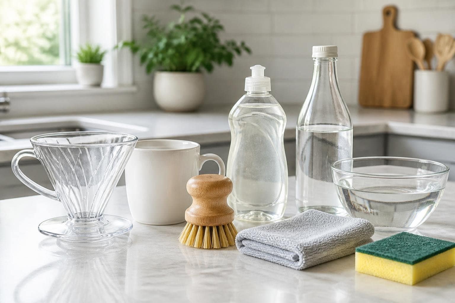 A kitchen countertop with a pour over coffee dripper, coffee mug, cleaning brush, dish soap, sponge, vinegar bottle, and a bowl of water arranged for cleaning.