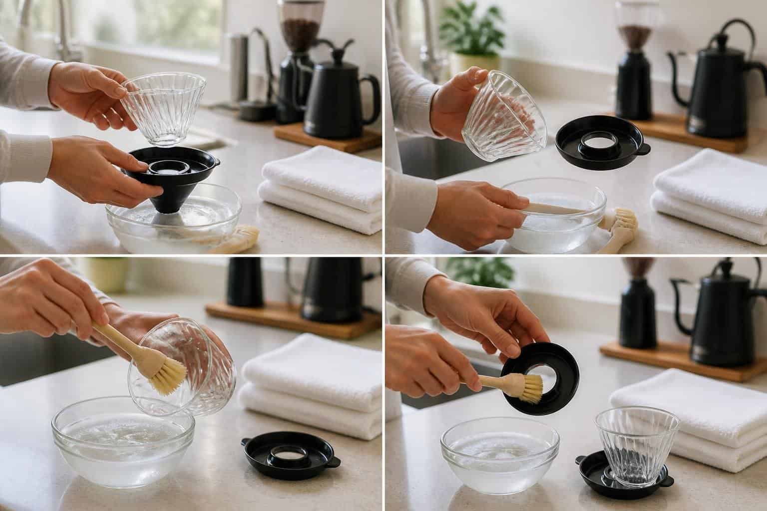 Hands cleaning parts of a pour over coffee maker on a kitchen countertop with cleaning tools nearby.